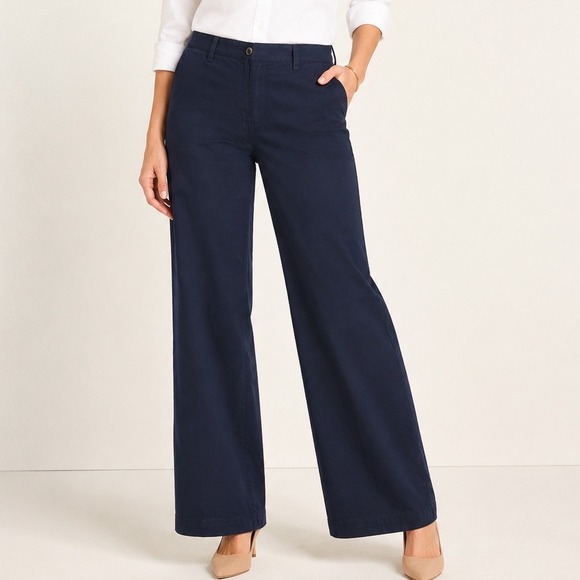 Talbots Pants - Talbots Chino Pants Womens 14 Navy Blue Wide Leg Stretch Cotton NWT